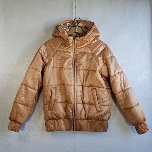 MinkPink Hooded Puffer Jacket Women XS Full Zip Long Sleeve Pockets Gold - Picture 1 of 15